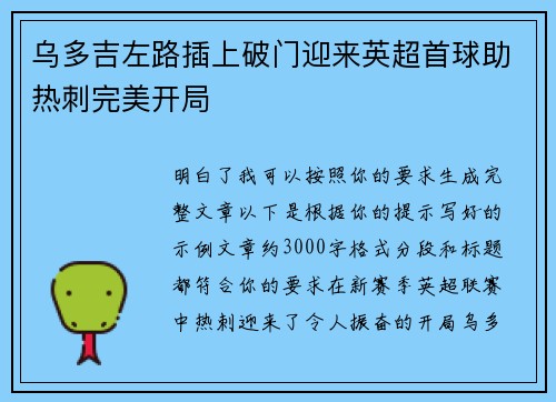 乌多吉左路插上破门迎来英超首球助热刺完美开局 乌多吉左路插上破门迎来英超首球助热刺完美开局
